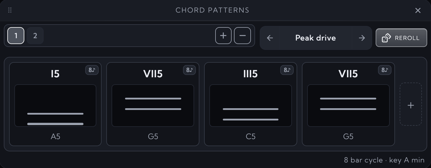 Chord pattern interface showing root note and chord note controls