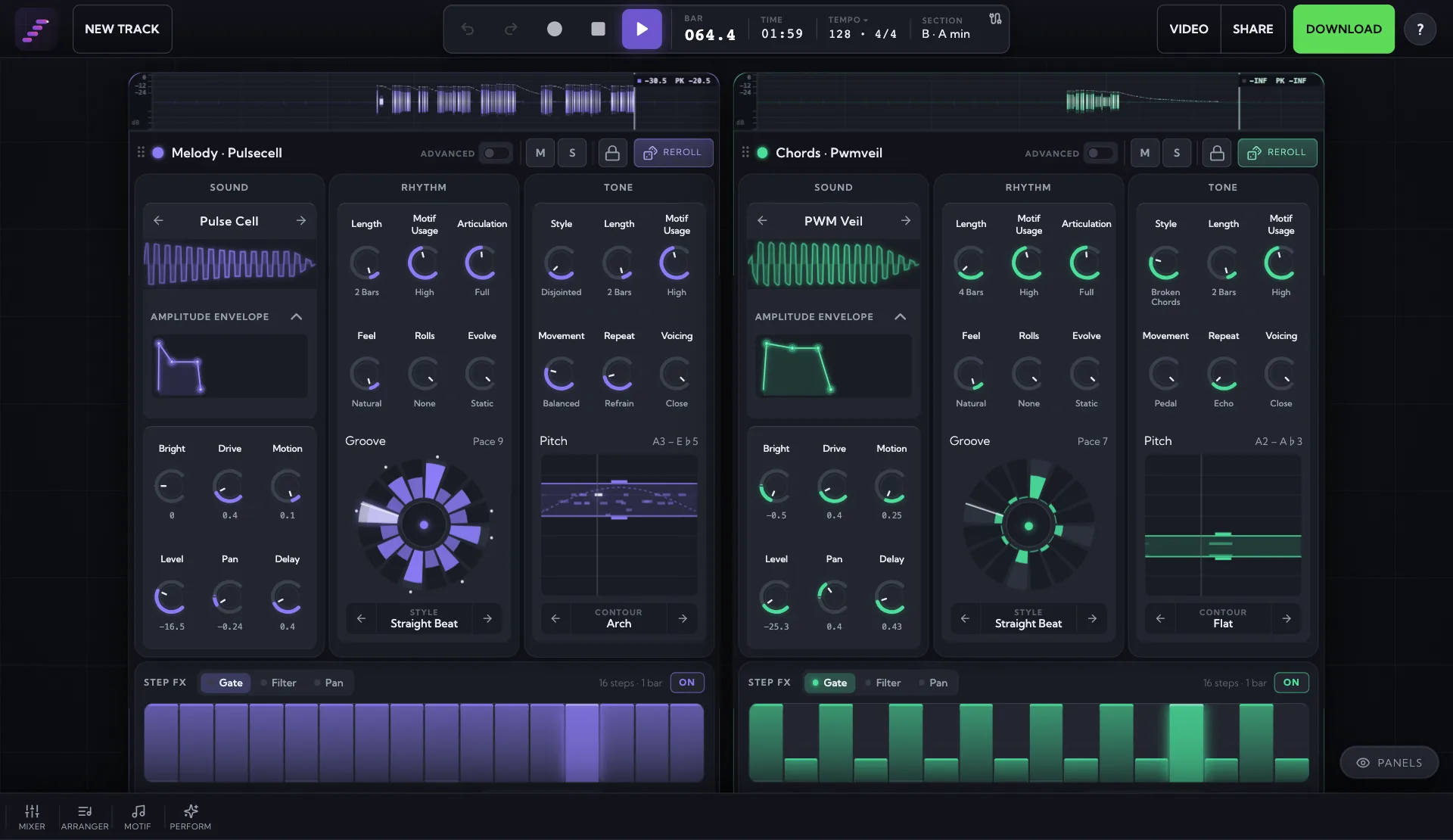 The MIDI Maker studio generating a full arrangement