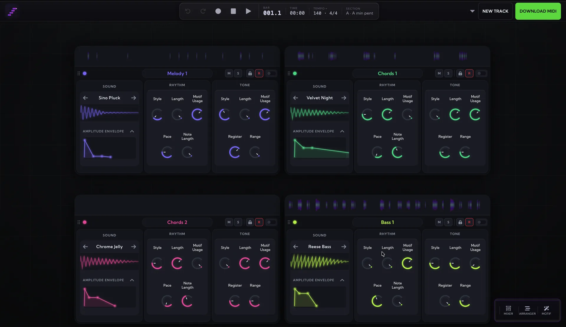 The MIDI Maker studio generating a full arrangement
